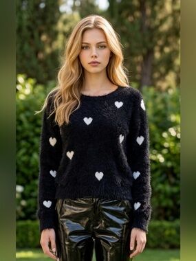 Buffalo David Bitton Black Fuzzy Heart Sweater
